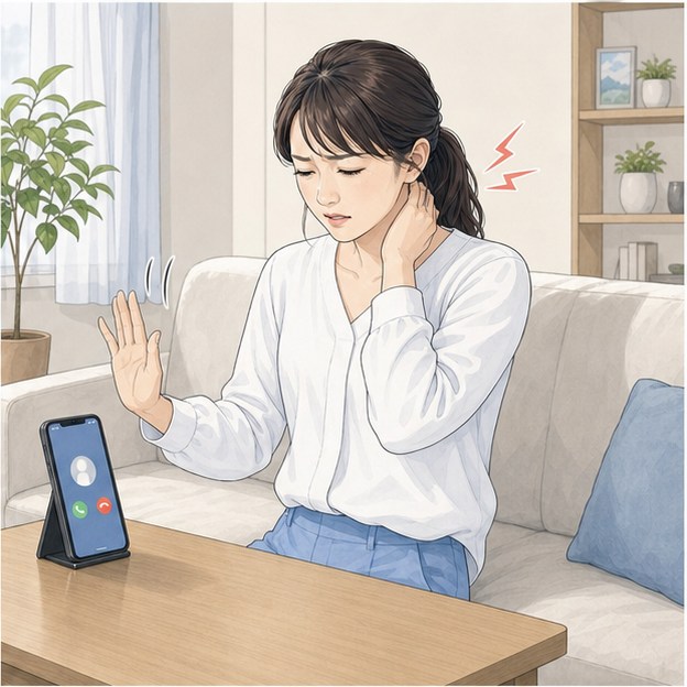 首の痛みが出ても受診を後回しにする女性の漫画
